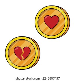 Golden coin with isolated heart sign. Cartoon flat