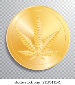 golden coin with marijuana leaf, vector illustration