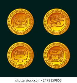 Moneda de oro con símbolos mayas o aztecas. Símbolos dorados para su juego 2D o juegos de tragamonedas