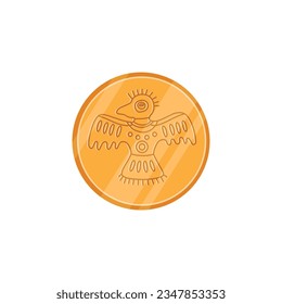 Golden coin with Maya civilization symbol, flat vector illustration isolated on white background. Drawing of Maya god or idol. Concepts of history and culture.
