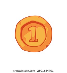 Golden coin with number one. Game icon. Casino interface slot badge. Golden achievement trophy collection. Mobile app key element. Prize in video games. Cartoon vector isolated on white.