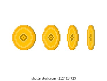 Golden coin in pixel art game style. Picture for rotating animation