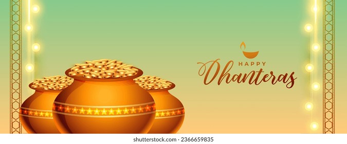 golden coin pot for happy dhanteras religious banner design vector