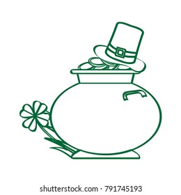 Golden coin pot outline with a leaf and a hat, Patrick day vector illustration