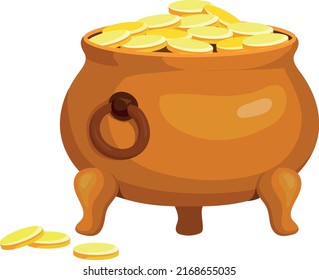 Golden coin pot. Secret treasure cartoon icon isolated on white background