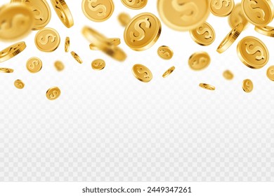 Lluvia de monedas de oro. Monedas de oro voladoras realistas, premio de juegos de lotería de millones de dólares. Tesoro y ganancias, el ahorro y ganar el fondo de Vector 3D del casino del premio mayor. Concepto de suerte o fortuna