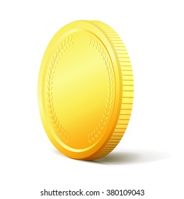 Golden coin with realistic shadow isolated on white background. Vector illustration