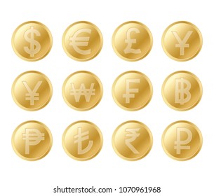 Golden coin set. Realistic collection of lifelike gold coins.