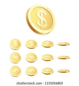 Golden Coin Set. Rotating 3D Golden Coin. Vector illustration isolated on white background