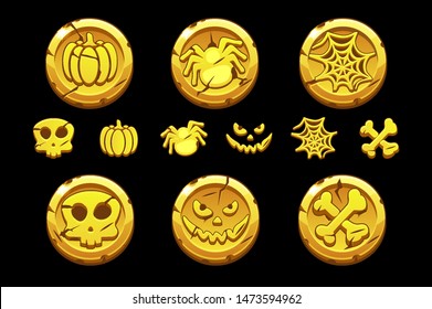 Golden coin. Set vector cartoon coins with Halloween symbols for playing Game UI. Icons on a separate layer.
