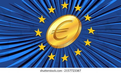 Golden coin with sign currency EUR and the blue flag of European Union with stars. CBDC concept. Introduction of digital currency by European Central Bank. Vector illustration.