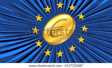 Golden coin with sign currency EUR and the blue flag of European Union with stars. CBDC concept. Introduction of digital currency by European Central Bank. Vector illustration.