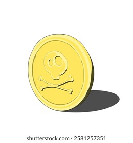 Golden coin with a skull and crossbones design, symbolizing danger or pirate themes, isolated.