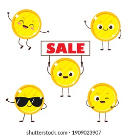 Golden coin with smile on face holding sale sign. Cute cartoon money character set. Financial savings vector illustration