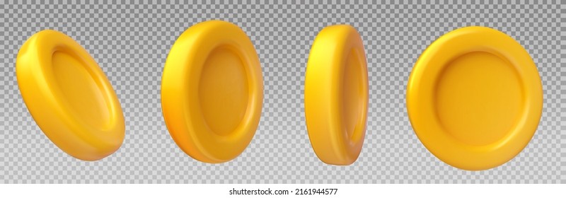 Golden coin in soft plastic style isolated on transparent background. Set realistic cute yellow money. Collection 3d vector glossy symbol for game, bank business. Cartoon modern minimal finance icon.