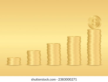 Golden Coin Stack. Stack of Coin. Pile of Golden Coin on Golden Background. Saving, Investment and Wealth Concept. Vector Illustration. 