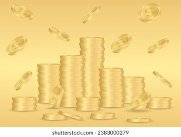 Golden Coin Stack. Stack of Coin. Pile of Golden Coin on Golden Background. Saving, Investment and Wealth Concept. Vector Illustration. 