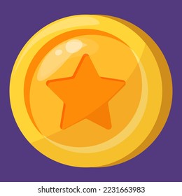 Golden coin with a star on it. Vector illustration of a game icon. Concept of award in mobile app. Golden medal, success and achievement.
