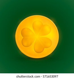 Golden coin with three leaf clover. St. Patrick's day symbol. Isolated on green background. Vector illustration, eps 10.

