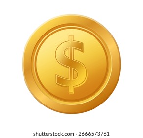 Golden coin vector icon with embossed dollar symbol.