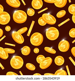 Golden coin vector seamless pattern with flying money on brown background. Good luck or jackpot casino texture with dollar rain. Success, wealth and abundance backdrop with golden coins
