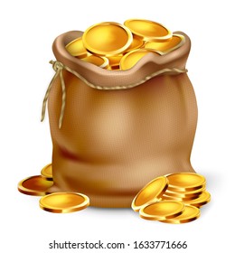 Golden Coin In Vintage Fabric Bag Purse Vector. Precious Gold Metallic Money Cash Coin Stack Near Antique Sack, Treasure. Banking And Financial Economic Concept Layout 3d Illustration