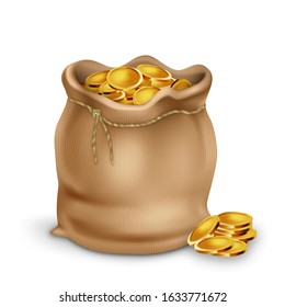 Golden Coin In Vintage Textile Bag Purse Vector. Precious Gold Metal Money Cash Stack Near Old Bag, Treasure And Investment. Savings And Financial Economic Concept Template 3d Illustration