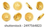 Golden coins 3D. Game gold coin, game chip with star shape turn around. Realistic vector isolated money elements for online gambling games, casino prize and investment concept.