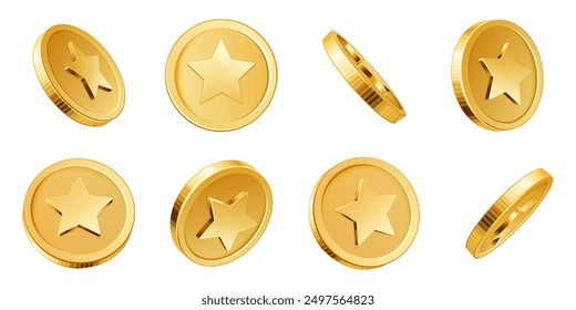 Golden coins 3D. Game gold coin, game chip with star shape turn around. Realistic vector isolated money elements for online gambling games, casino prize and investment concept.