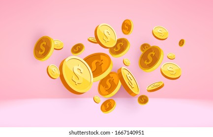 Golden coins 3d money falling into a pink piggy bank, 3d money coin isolated on pink render. US dollar coins. Bank and investment concept. Inserting a coin into a piggy bank. Pink background gradient.
