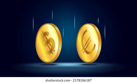 Golden coins of American dollar USD and Euro EUR on dark blue background. Exchange rates are almost equal and who is now leader is not clear. Vector illustration.