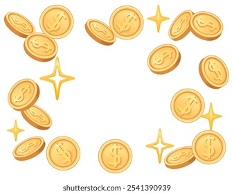 Monedas de oro dispuestas en un marco circular con destellos, que simbolizan la riqueza, la abundancia y la prosperidad. Ideal para temas de finanzas, inversión y comercio electrónico. Ilustración vectorial.