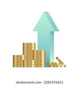 Golden coins and up arrow. Realistic stacks of coins. Cash money income, increase. Vector illustration isolated on white background.