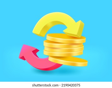 Golden coins with arrows. Payment concept. 3d vector illustration