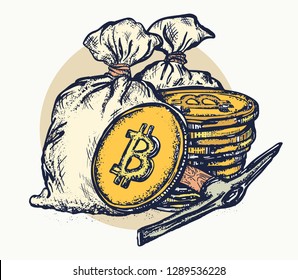 Golden coins and bag of money. Cryptocurrency bitcoin mining symbol 