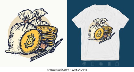 Golden coins and bag of money. Cryptocurrency bitcoin mining print for t-shirts and another, trendy apparel design 