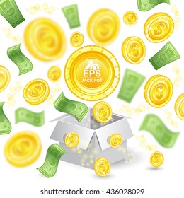 Golden coins and banknotes with depth of field effect flying from open gift box