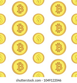 Golden coins with bitcoin and dollar signs seamless pattern. Crypto-currency market. Money icons on white background