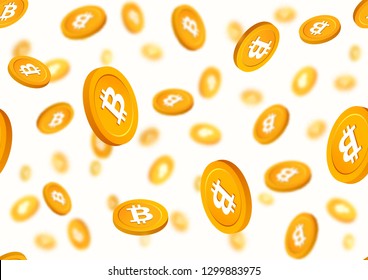 Golden coins bitcoin falling down seamless vector pattern. Cryptocurrency gold chips on white background.