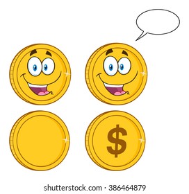 Golden Coins Cartoon Character For Business And Finance Concepts. Vector Collection Set