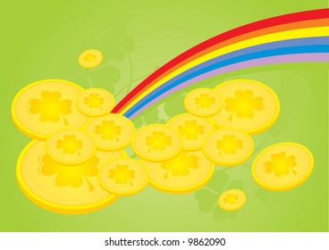 Golden coins with clover and rainbow