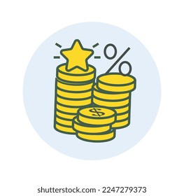 Golden coins color icon. Sticker for social networks and instant messengers. Discounts, sales and promotions, cashback and bonuses. Minimalist creativity and art. Cartoon flat vector illustration