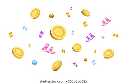 Golden coins and confetti. 3d render isolated on white background elements. Gold money. Bonus cashback. Success, achievement and victory symbol. Happy triumph. Vector cartoon currency illustration