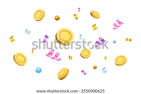 Golden coins and confetti. 3d render isolated on white background elements. Gold money. Bonus cashback. Success, achievement and victory symbol. Happy triumph. Vector cartoon currency illustration