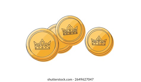 Moedas douradas com símbolos da coroa representando riqueza e prosperidade em uma pilha
