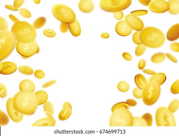 Golden coins defocused flying abstract 3D realistic background. Realistic money explosion isolated over white layout. Big jackpot casino lottery win. Vector illustration