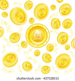 Golden coins with depth of field effect flying around big circle banner in center