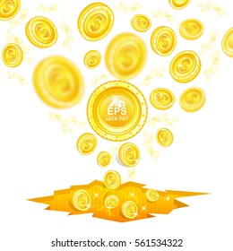 Golden coins with depth of field effect flying from cracked ground