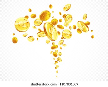 Golden coins in different positions illustration, isolated background.