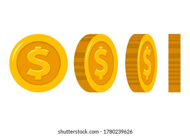 Golden coins in different positions on white background, set of rotation icons at different angles for animation. Vector illustration.